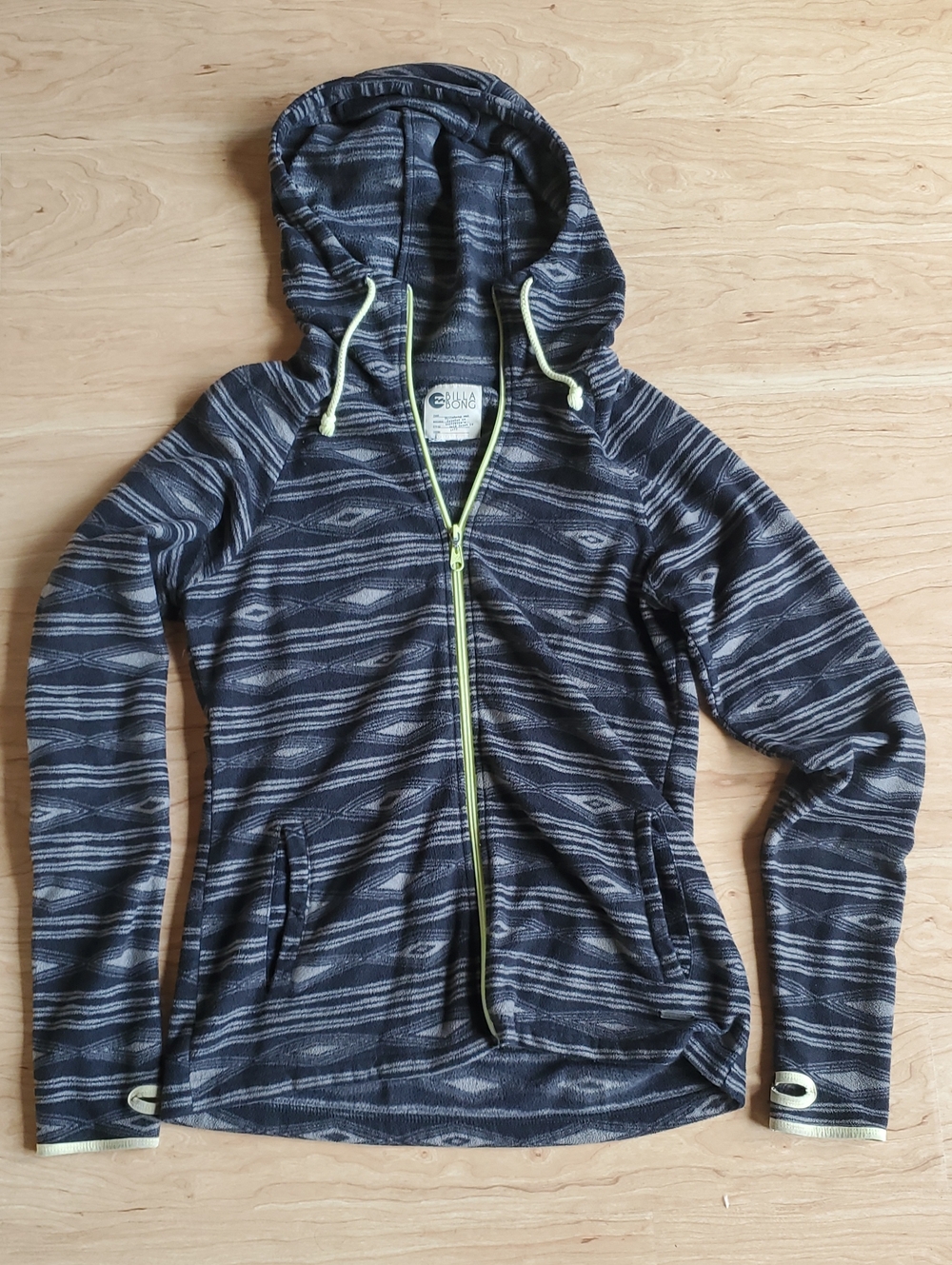 Billabong Women's Navy Patterned Zip Hoodie with Yellow Accents